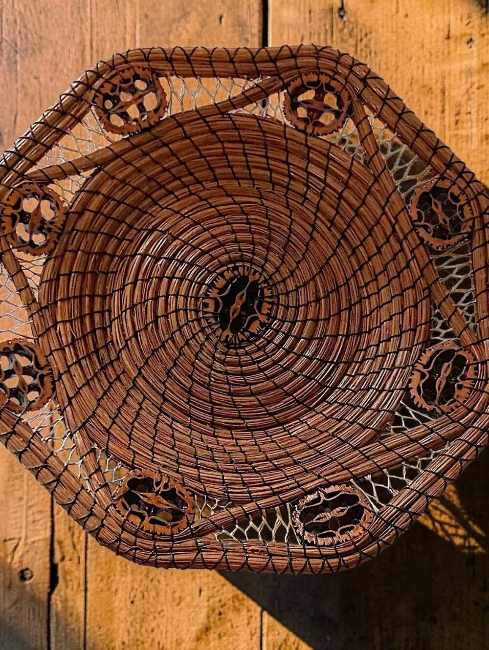 Vintage Long Pine Needle Basket Walnut Slice Inserts Coiled Folk Art Hand Woven